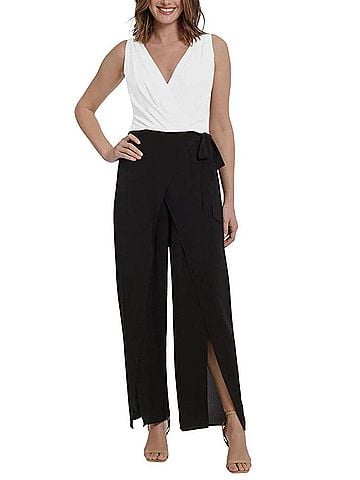 London Times Sleeveless Tie-Belt Contrast Jumpsuit in Black White (view 2)
