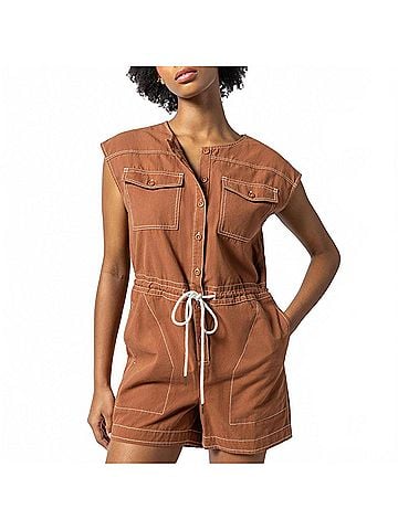 Lilla P Women's Short Sleeve Canvas Romper in Bronze (view 2)
