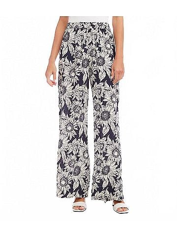Karen Kane Sabel Sunflower Print Wide Leg Pant in White And Navy (view 2)