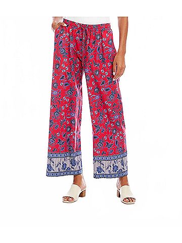Karen Kane Drawstring Border Print Cropped Pants in Red (view 2)