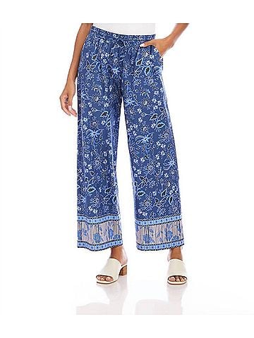 Karen Kane Drawstring Border Print Cropped Pants in Blue (view 2)