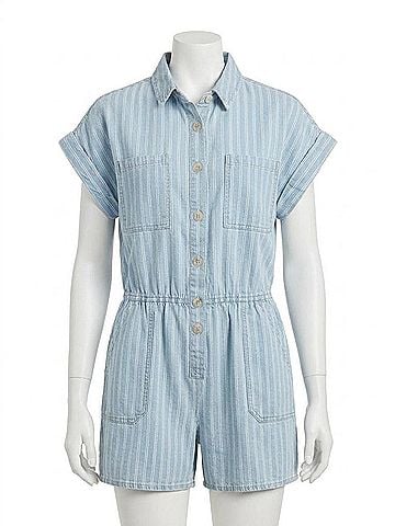 Blu Pepper Women's Stripe Button Down Romper in Blue (view 1)