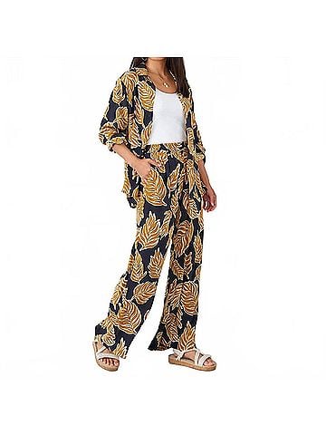 Karen Kane Paula Palm Leaf Print Wide Leg Pants in Navy And Gold (view 2)