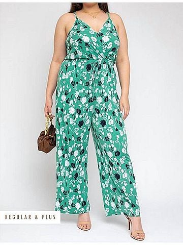 Gilli Plus Surplice Elastic Waist Jumpsuit in Green Ivory Flowers (view 2)