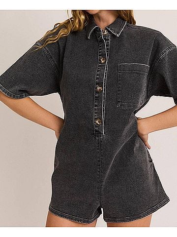 Le Lis The Comeback Denim Romper in Washed Grey (view 2)