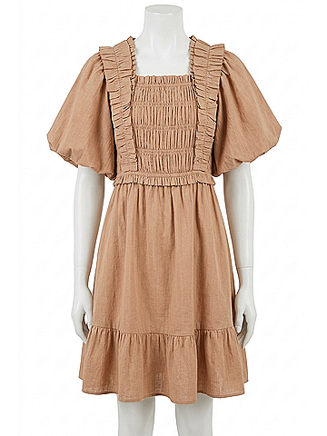 English Factory Tyler Puff Sleeves Mini Dress in Tan (view 1)
