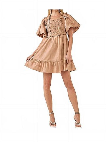 English Factory Tyler Puff Sleeves Mini Dress in Tan (view 2)