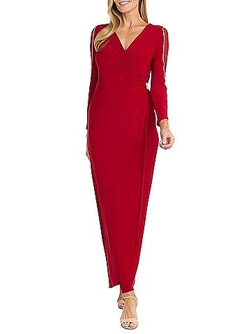 R&M Richards Long Faux Wrap Style Evening Dress in Red (view 2)
