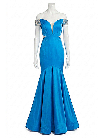 Rachel Allan Luster Satin Off-Shoulder Mermaid Gown in Ocean Blue (view 1)