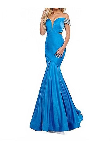 Rachel Allan Luster Satin Off-Shoulder Mermaid Gown in Ocean Blue (view 2)
