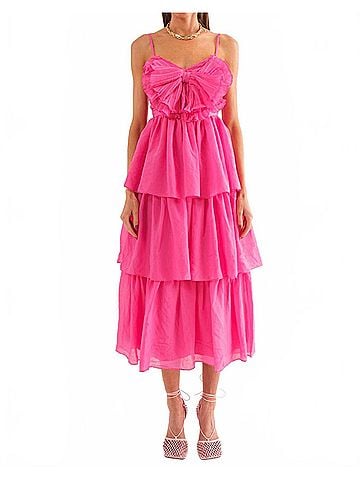Sofie Melody Pleated Bow Midi Dress in Fuchsia (view 2)