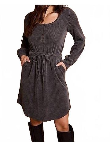 Gilli Adalynn Scoop Neck Button Up Long Sleeve Mini Dress in Charcoal (view 2)