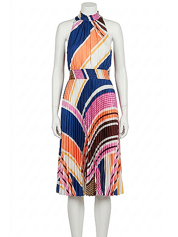Maggy London Multi Print High Neck Pleated A-Line Dress in Ivory Light Orange (view 1)