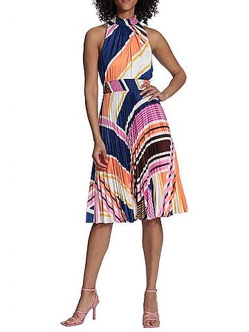 Maggy London Multi Print High Neck Pleated A-Line Dress in Ivory Light Orange (view 2)