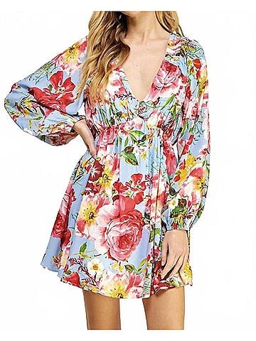 Strut & Bolt V-Neck Back Tie Closure Mini Dress in Pink/ Blue (view 2)