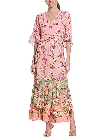London Times London Times 3/4 Sleeve Floral Print Maxi Dress in Pink Green (view 2)