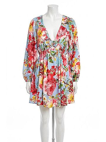 Strut & Bolt V-Neck Back Tie Closure Mini Dress in Pink/ Blue (view 1)