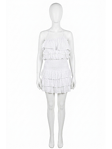 Olivaceous Crena Asymmetrical Smocked Ruffle Mini Dress in White (view 1)