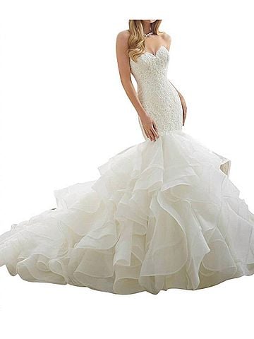 MoriLee by Madeline Gardner Alencon Lace Flounced Dress in Ivory (view 2)