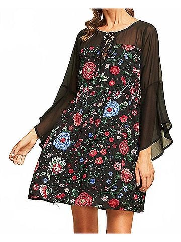 Entro Floral Bell Sleeve Mini Dress in Multi (view 2)