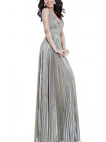 Jovani Pleated Glitter Dress in Silver (view 2)