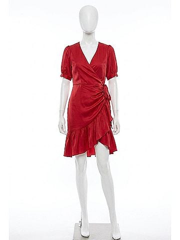 Mac Duggal Short Puff Sleeve Faux Wrap Mini Dress in Red (view 1)