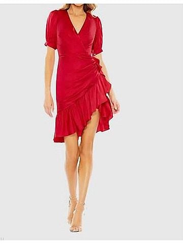 Mac Duggal Short Puff Sleeve Faux Wrap Mini Dress in Red (view 2)