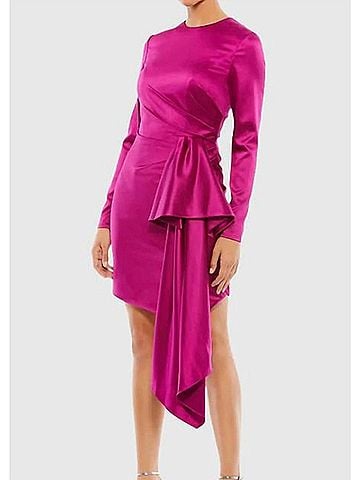 Mac Duggal Asymmetrical Draped Long Sleeve Mini Dress in Magenta (view 2)