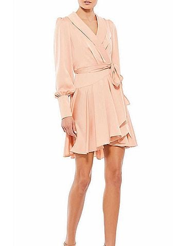 Mac Duggal Short Wrap Dress in Salmon Pink (view 2)