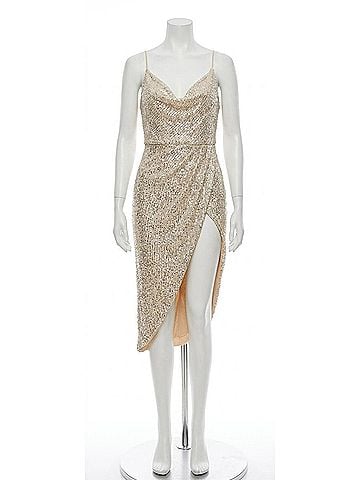 Mac Duggal Asymmetrical Slit Sequin Dress in Gold (view 1)