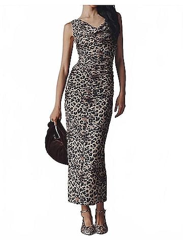Bishop + Young Natasha Cowl Neck Ruched Midi Dress in Neutral Pattern (view 2)