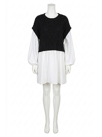By Together Knit Sweater Shirt Flare Mini Dress in Black/White (view 1)