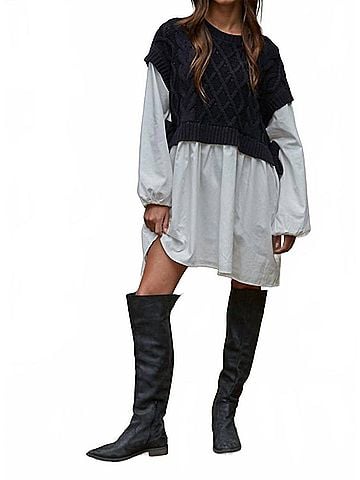 By Together Knit Sweater Shirt Flare Mini Dress in Black/White (view 2)