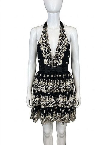 Mable Women's Tiered Lace Halter Neck Dress in Black/Gold (view 1)