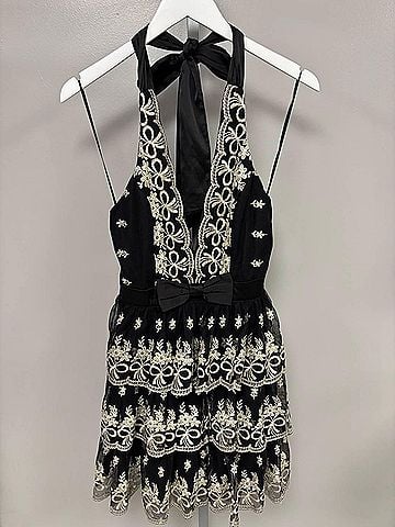 Mable Women's Tiered Lace Halter Neck Dress in Black/Gold (view 2)