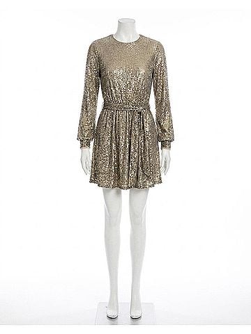 Mac Duggal Sequin Belted Cocktail Dress in Taupe (view 1)