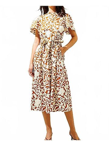 Sugarlips Ayla Short Bell Sleeve Midi Dress in Cream And Brown Floral (view 2)