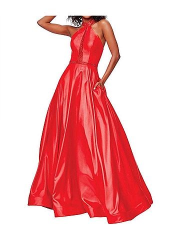 Clarisse Shimmery Halter Gown in Red (view 2)