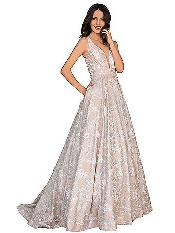 Clarisse V-Neckline Lace Maxi Party Dress in Dark Champagne (view 2)