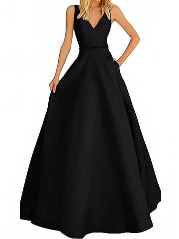 Clarisse V-Neck Fitted Ball Gown in Black (view 2)