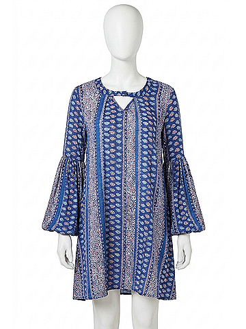 Velzera Floral Paisley Keyhole Neckline Mini Dress in Blue Multi (view 1)
