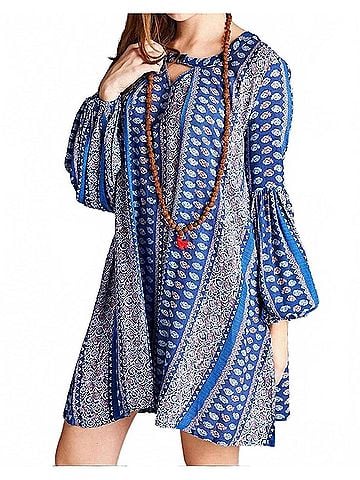 Velzera Floral Paisley Keyhole Neckline Mini Dress in Blue Multi (view 2)