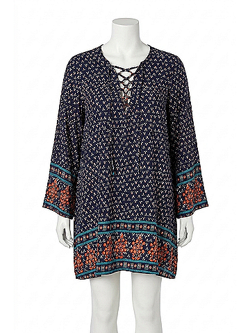 Velzera Border Print Floral Bohemian Mini Dress in Blue (view 1)