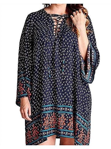 Velzera Border Print Floral Bohemian Mini Dress in Blue (view 2)