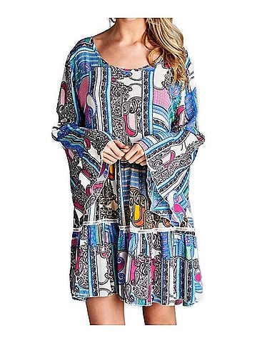 Velzera Paisley Bell Sleeve Mini Dress in Pink (view 2)