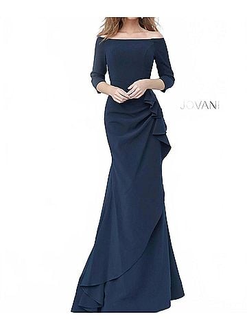 Jovani Women's Crepe Off Shoulder Evening Dress in Navy (view 2)