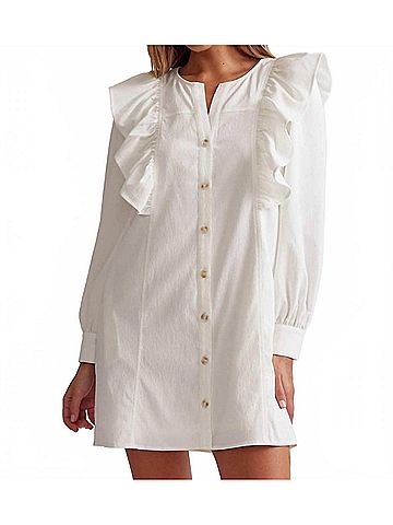 Entro Ruffle Shoulder Button Up Mini Dress in White (view 2)
