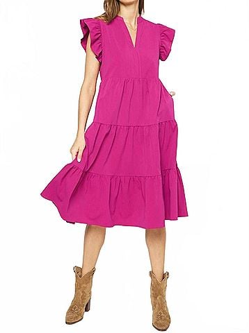 Entro Ruffled Pocket Tiered Midi Dress in Violet (view 2)