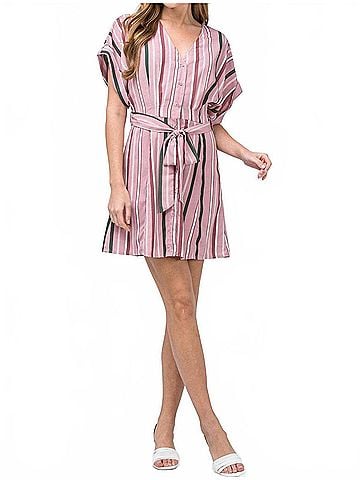 Entro Striped Mini Shirtdress in Pink (view 2)
