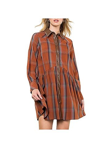 THML Plaid Contrast Leather Button Dress in Rust (view 2)